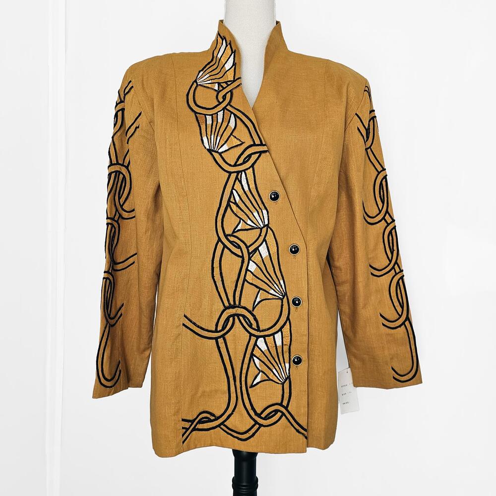 Mina Collection L/XL Yellow Embroidered Linen Art Deco Art Nouveau Retro Blazer